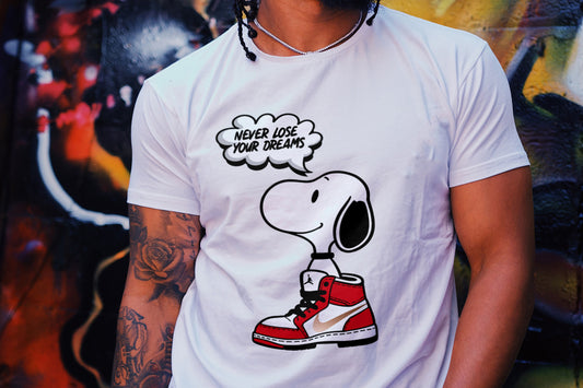 Never Lose Your Dreams Snoopy Nike Boots Custom DTF Design - Rose Gold Vinyl & DTF on Cotton